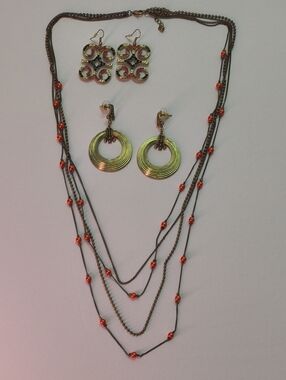 Gold-Tone Multi-Layer Necklace with Red Bead Accents and Matching Earrings